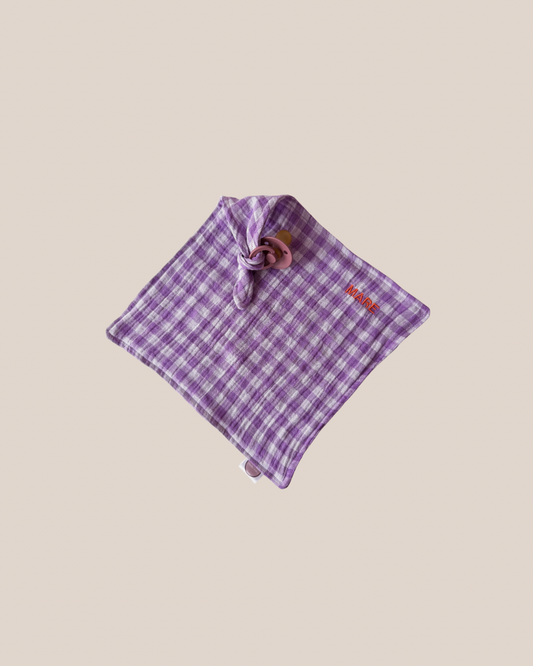 Speendoekje Hydrofiel  - Lila Blokjes met naam - Studio Joliva